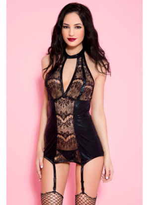 Guêpière sexy noire wetlook dentelle - ML20023BLK